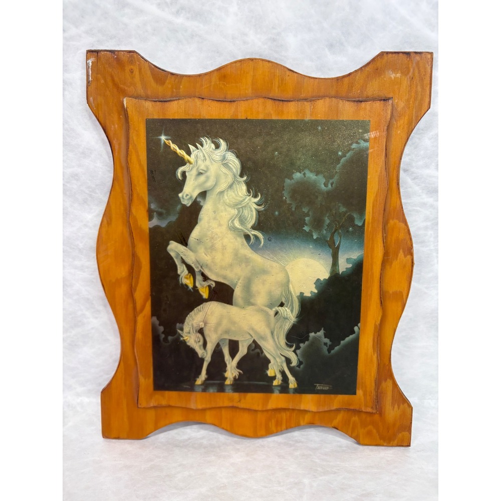 Vintage Ferraro Unicorn Wood Plaque Art 70s Retro Mythical Decor Glossy 10x8